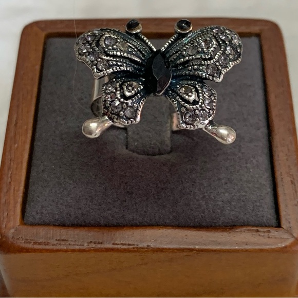 Rhinestones Marcasite Sterling Silver Plated Butterfly Adjustable Ring - Picture 3 of 8
